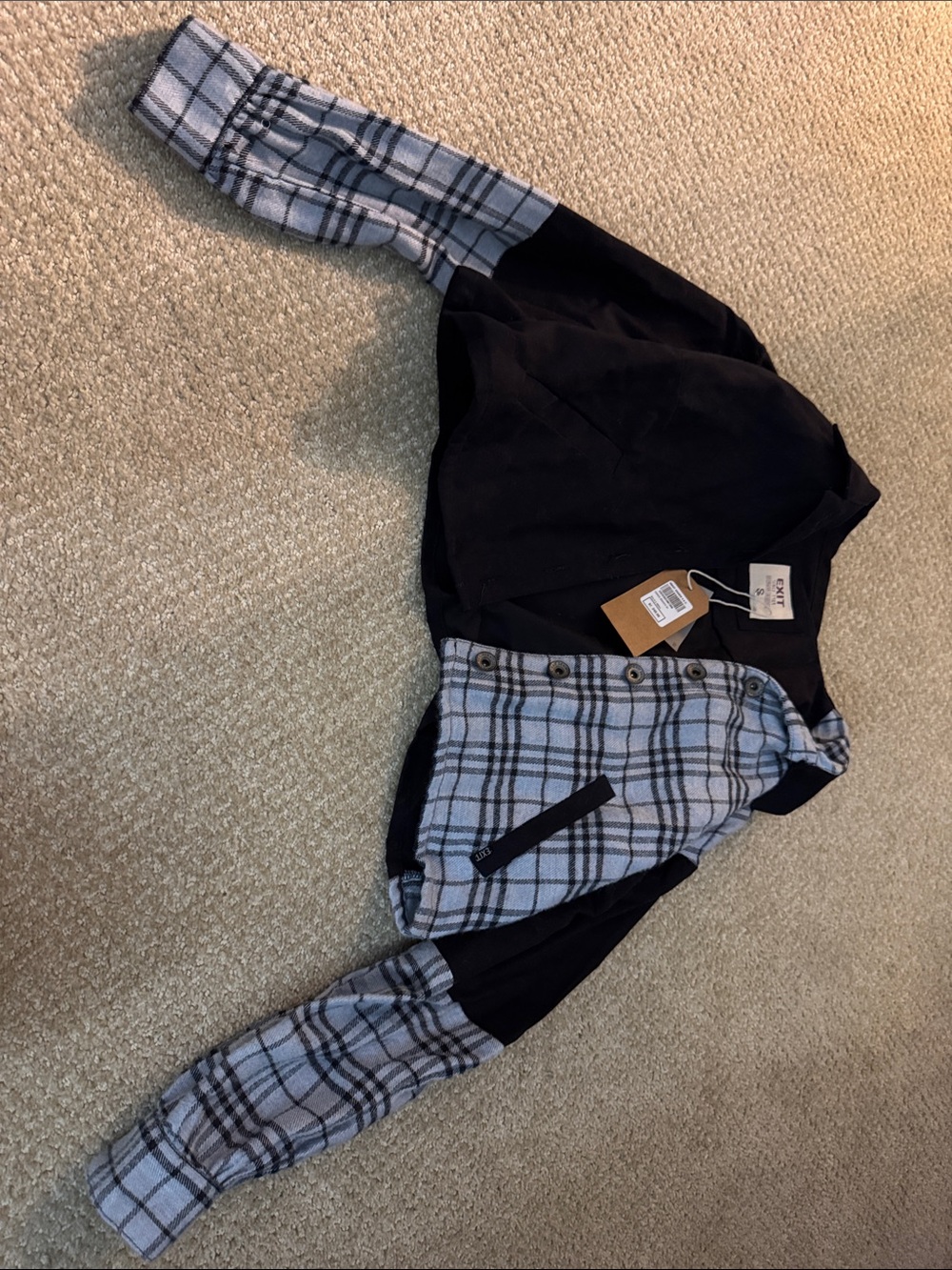 DKNY Women's Black Bomber Jacket with Gray Plaid Panels